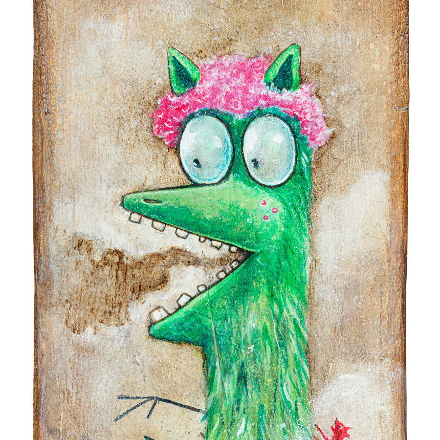         Funny monster wallpaper panel - whimsical creature in green fantasy landscape, smooth, slightly shiny surface - colourful
    