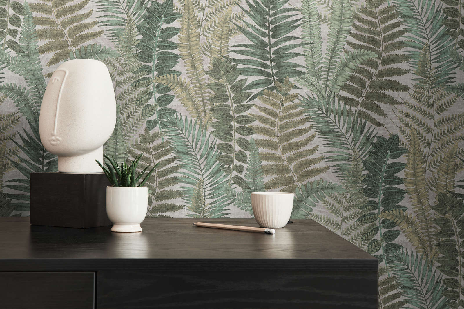 Tapete floral mit Farnblättern leicht strukturiert, matt – Beige, Grün, Braun