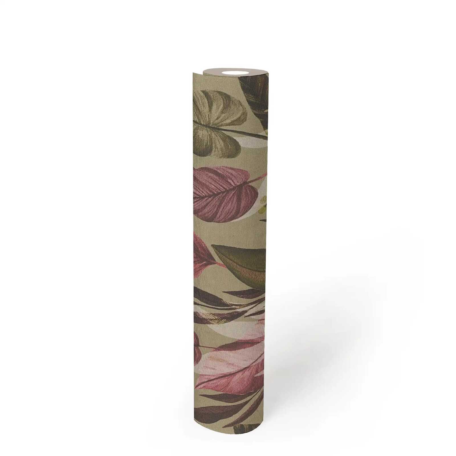             Stilvolle Vliestapete mit wildem Blättermotiv, feine Struktur – Braun, Pink
        