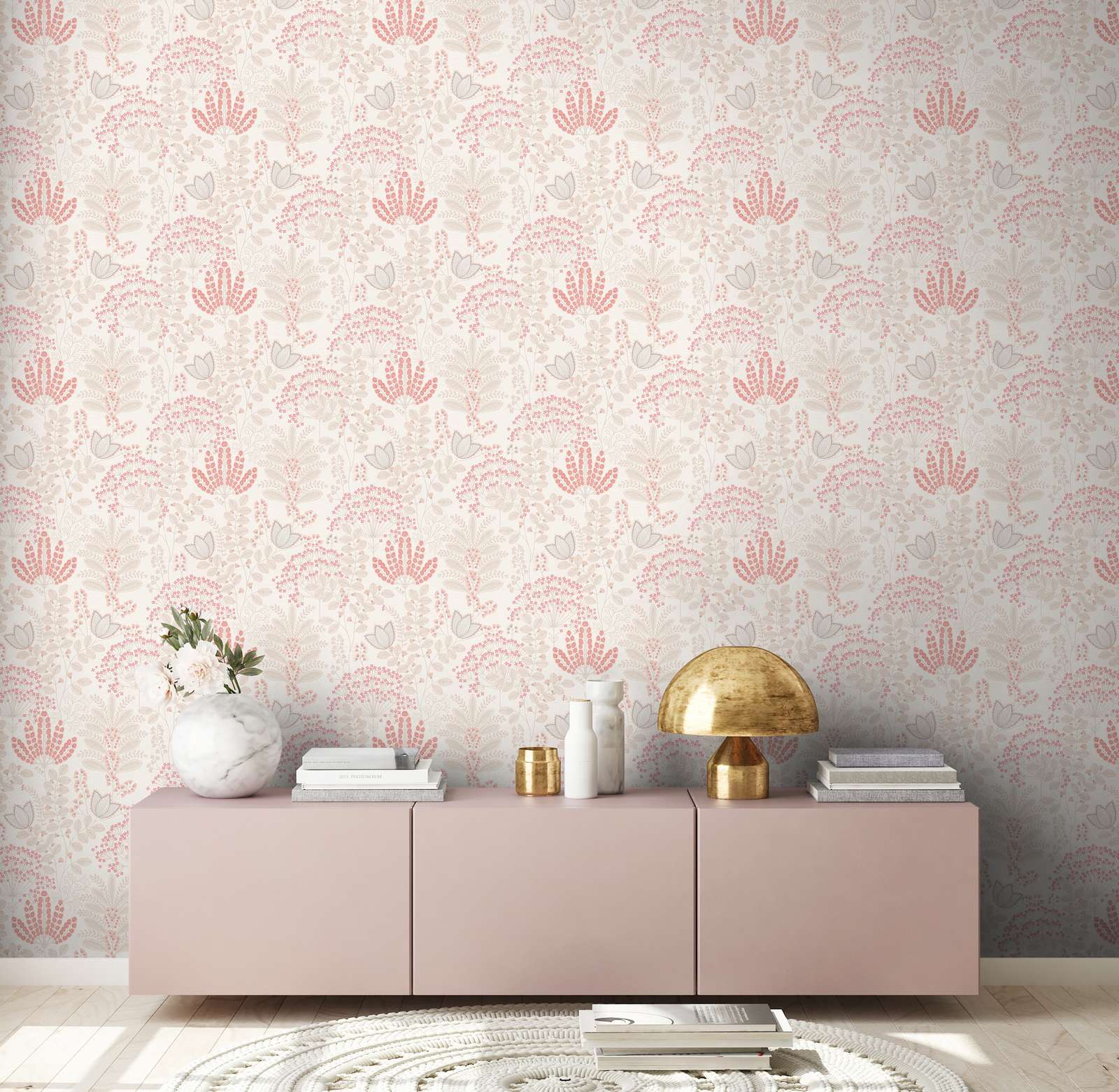             Florale Tapete mit Blättern im Retro-Design leicht strukturiert, matt – Weiß, Taupe, Rosa
        
