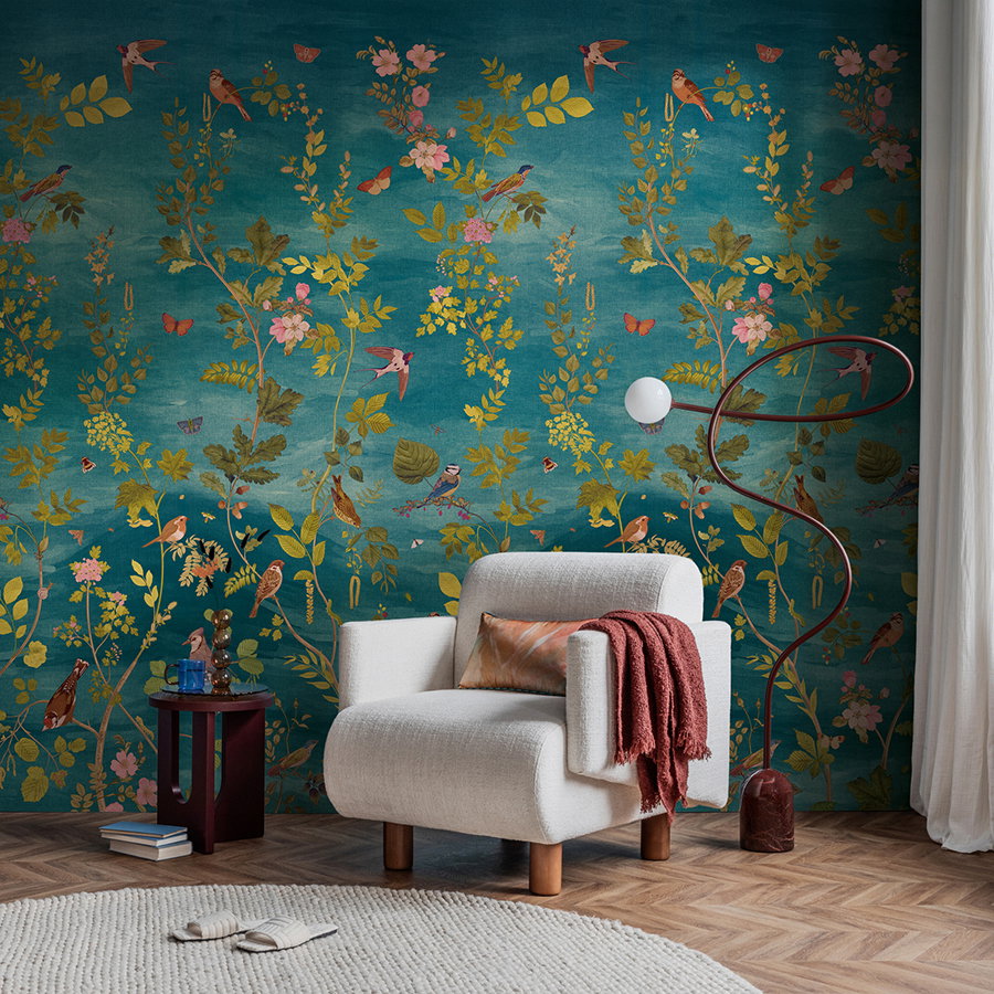 Teppichwand, Wandtapete, Vogelblumen, Teppichmuster, Wohnzimmerdekor