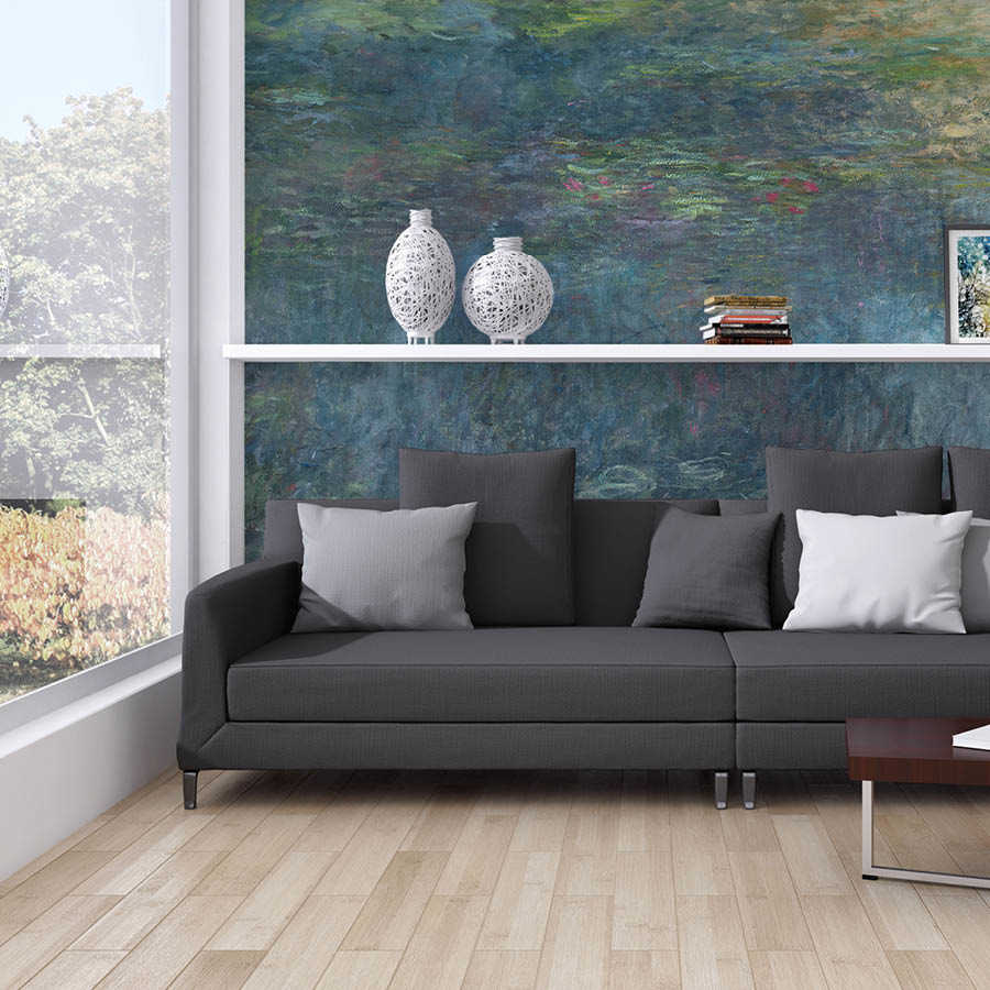 wohnzimmer, sofa, grau, kissen, wandbildschutz, tisch
