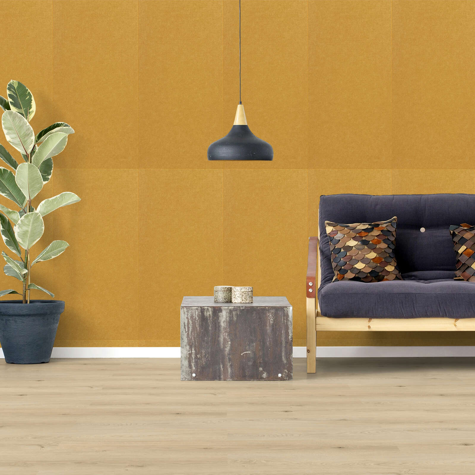 wohnzimmer, sofa, seidene kissen, pflanze, tisch aus beton