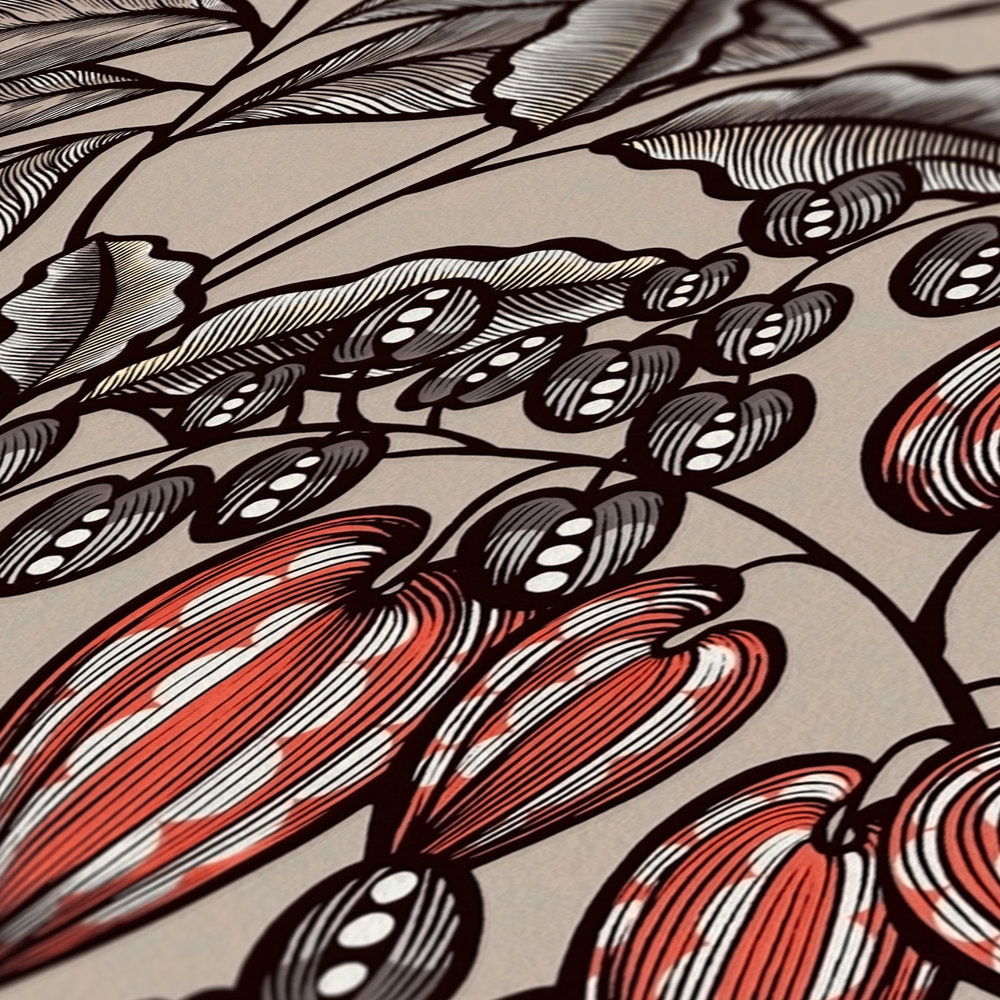             Tapete Greige modernes Blumen & Blätter Design – Braun, Grau, Rot
        