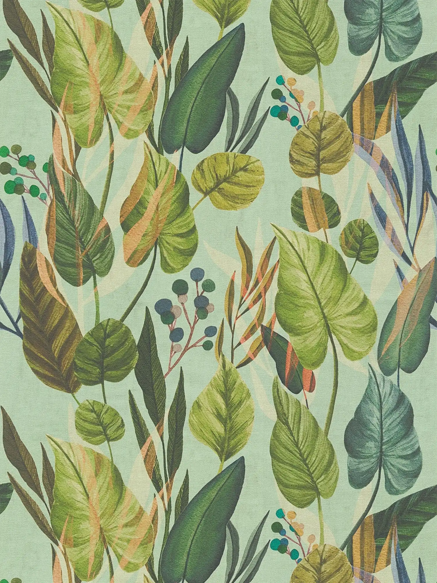             Wilde Vliestapete mit tropischem Blättermuster, einfach strukturiert – Grün, Blau
        