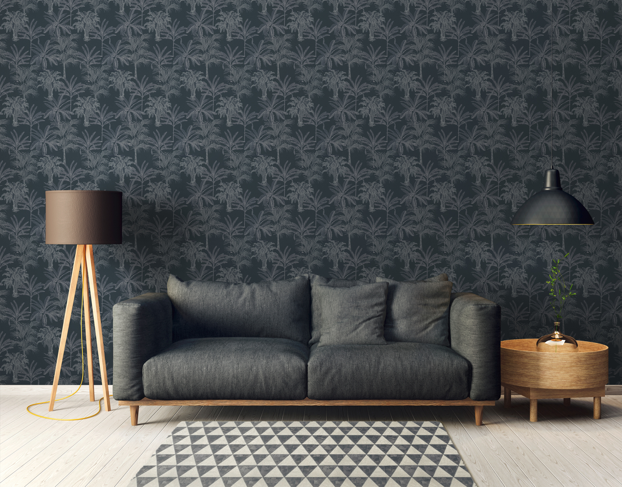 Living room wallpapered with dark blue Michalsky wallpaper with palm tree pattern, article AS379832