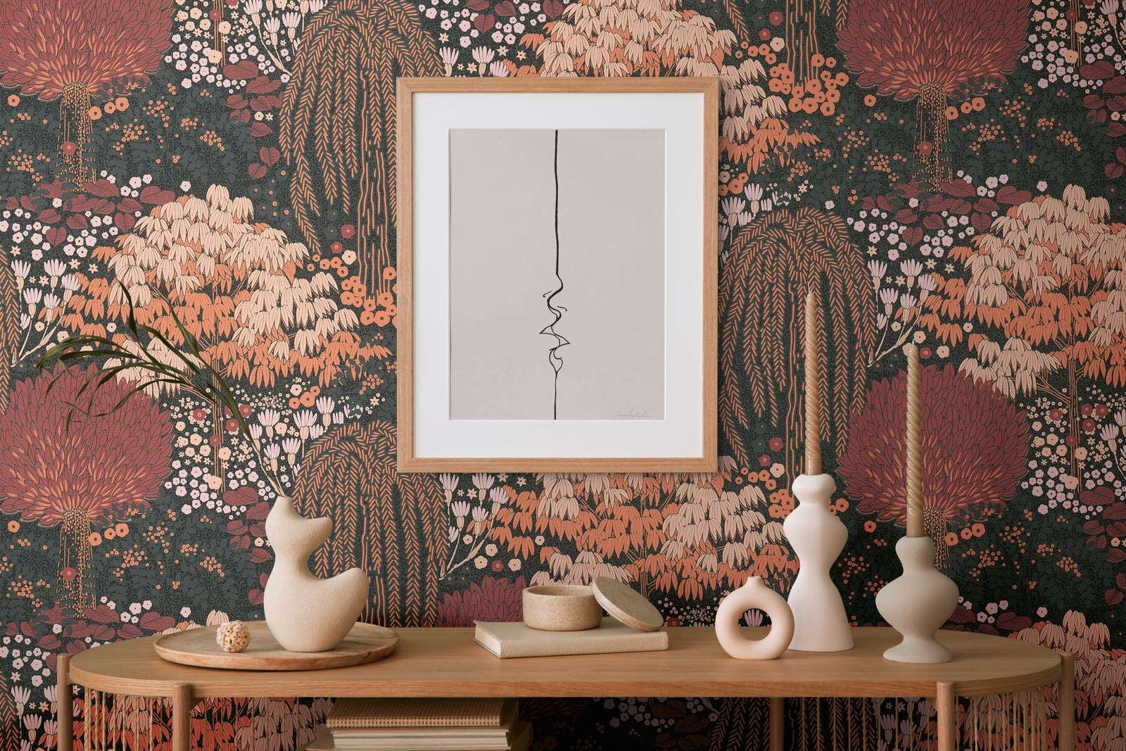             Vliestapete floral mit Blättern leicht strukturiert, matt – Schwarz, Rot, Rosa
        