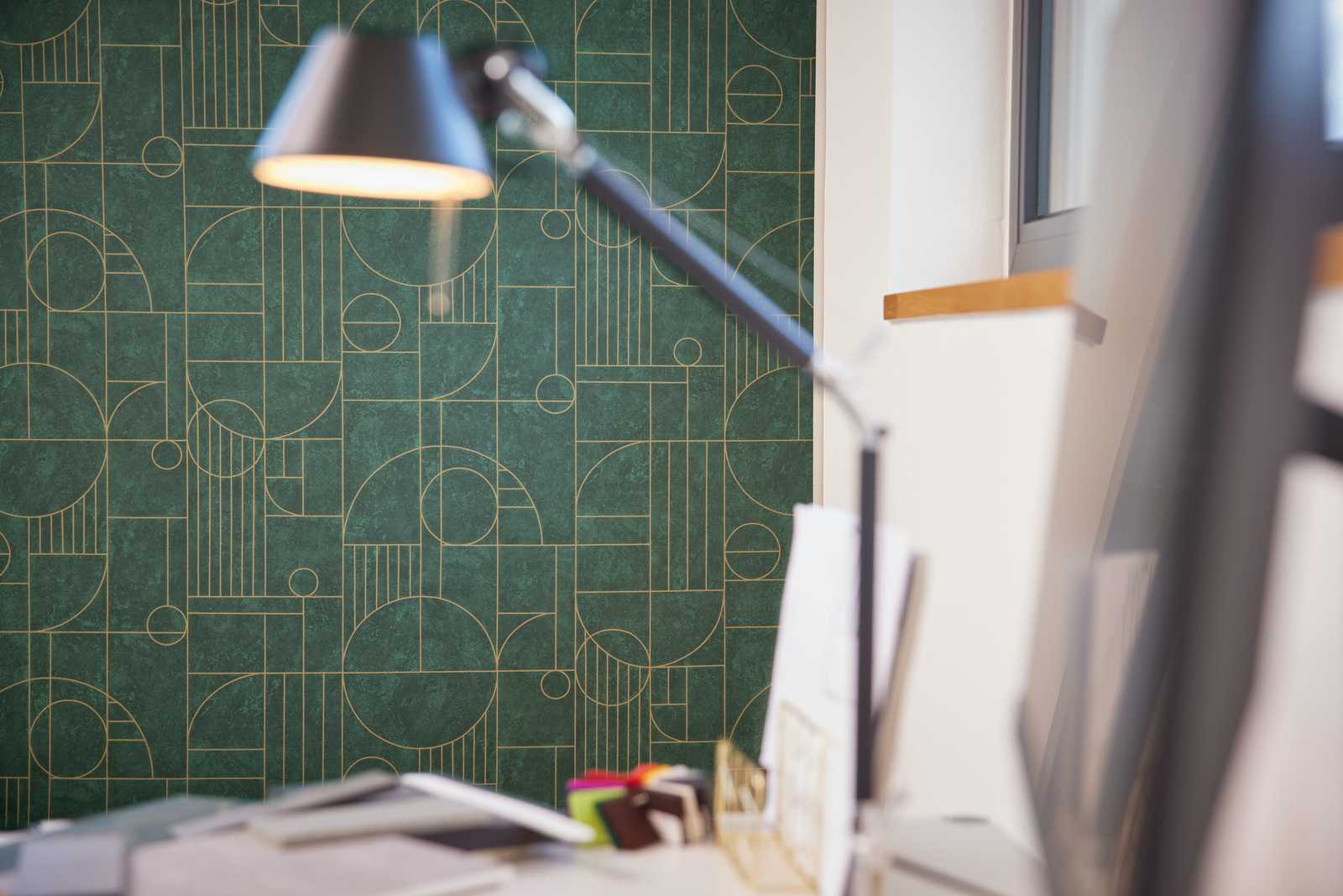             Fliesenoptik Tapete Art Deco Design marmoriert – Grün, Metallic
        