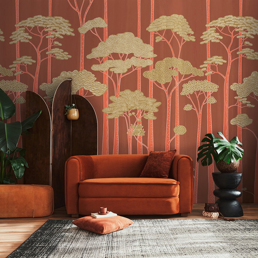 sofa, orange, velvet, wand wallpaper, pflanzen