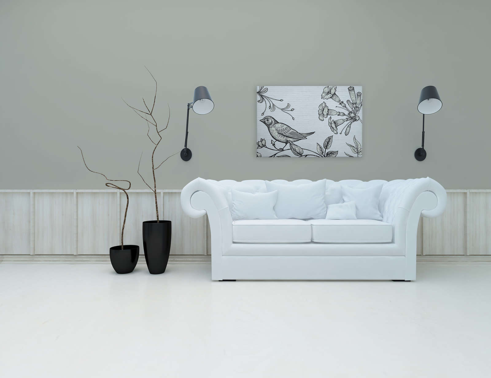             Steinwand Leinwandbild mit Vogel & Blumen Grafik – 0,90 m x 0,60 m
        