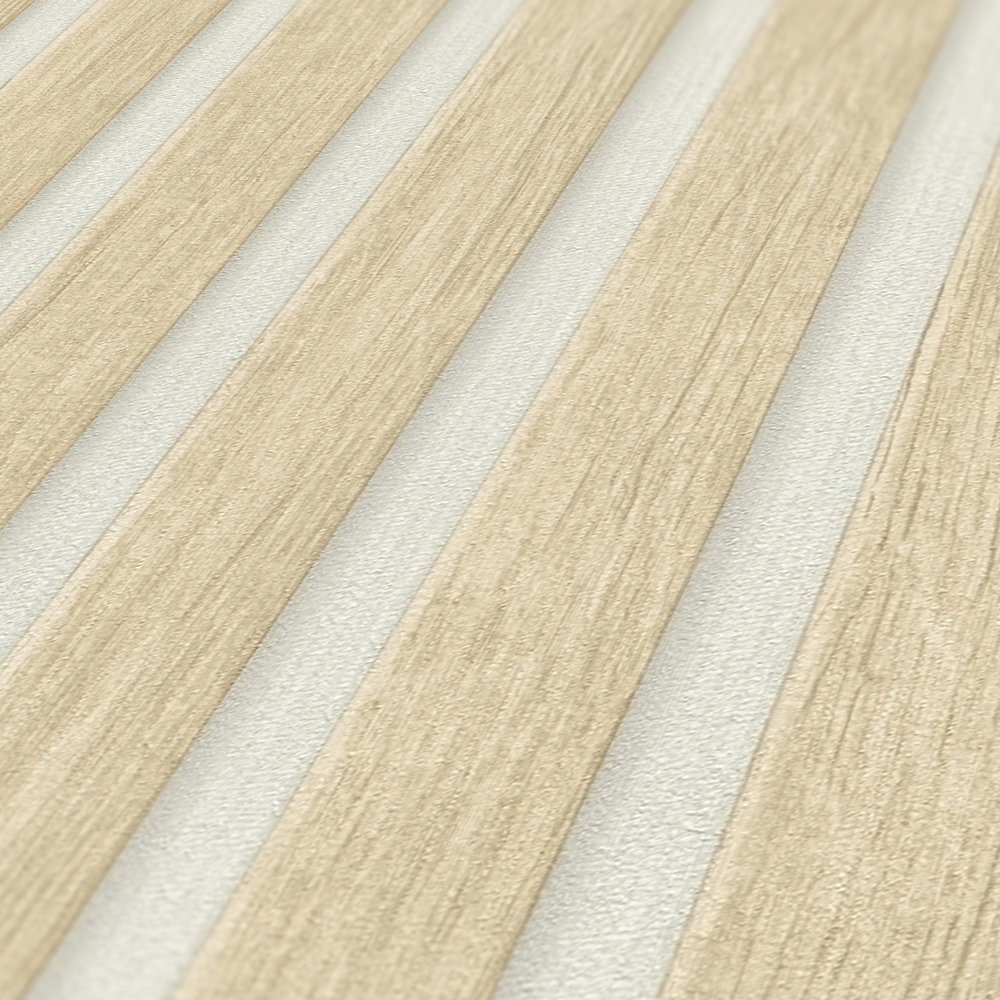             Holztapete im Akustikpaneel-Optik – Beige, Weiß
        