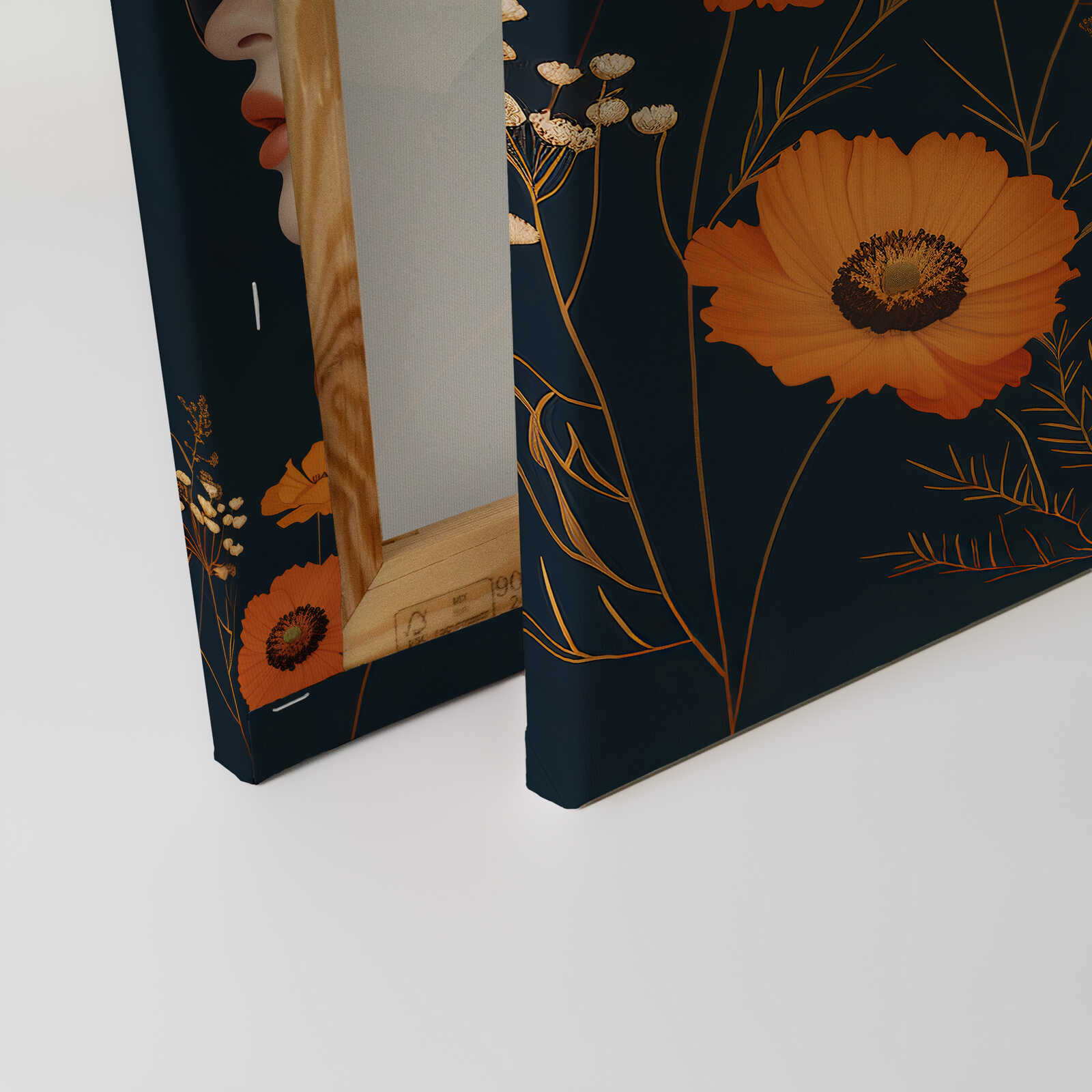             Leinwandbild Rote Eleganz - Portrait einer Frau mit Blumen in modernem Design – 40 x 50 cm - Orange, Blau
        