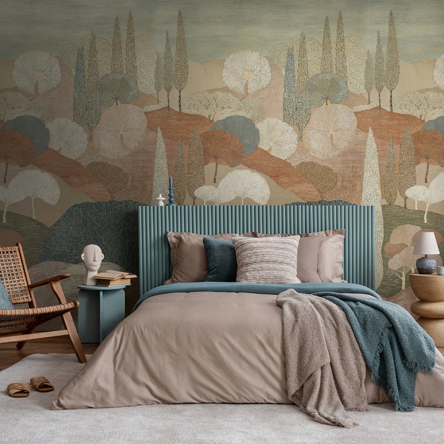 bettwäsche, bett, kopfkissen, tischlampe, wandtapete