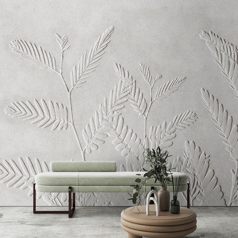         Photo wallpaper »far« - fern leaves in front of concrete plaster texture - light | Smooth, slightly shiny premium non-woven fabric
    