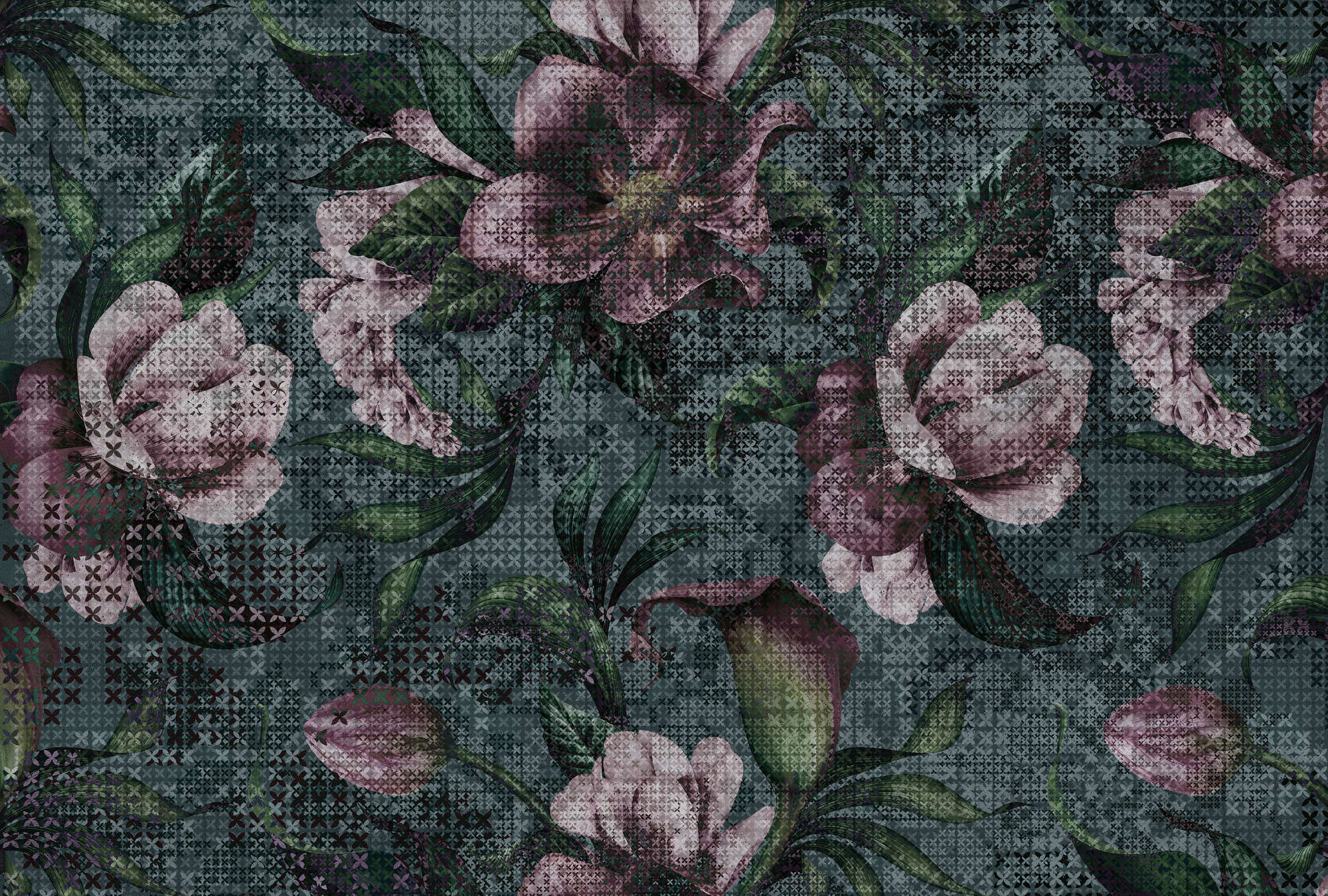 Blumen Fototapete Pixel Design – Grün, Rosa