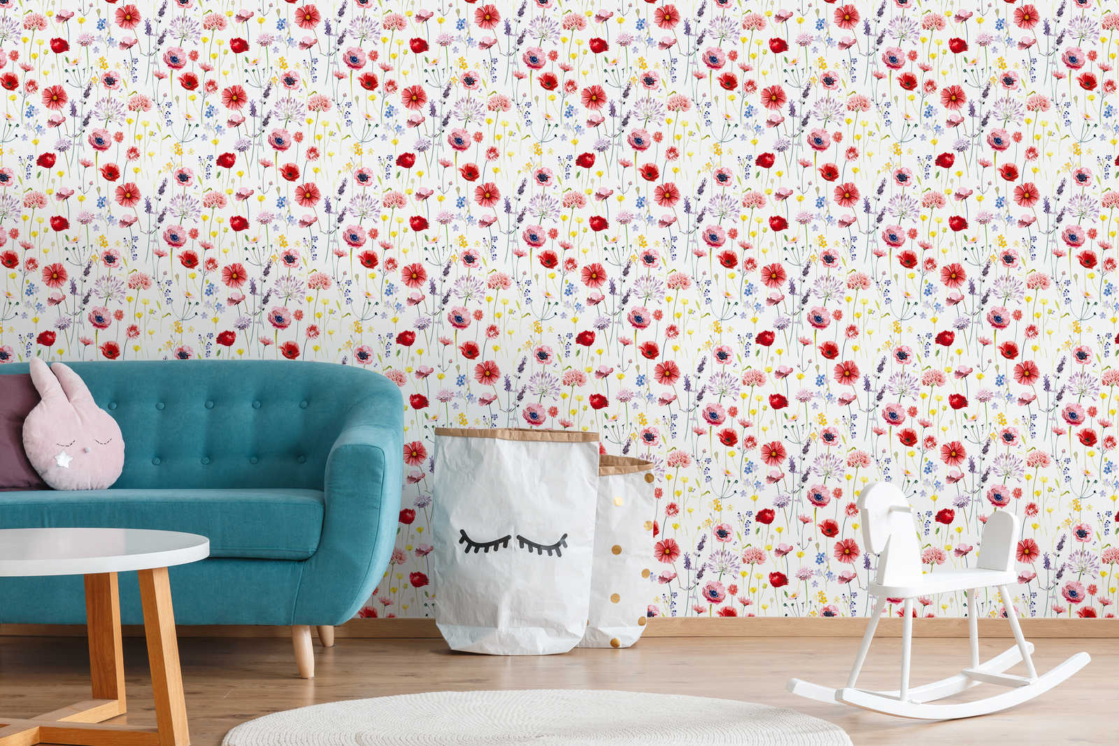 Blumen Papiertapete Blüten Aquarell – Bunt, Weiß