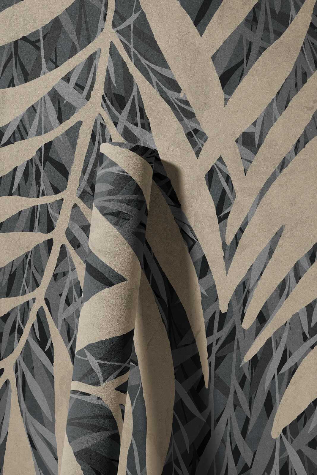             Vliestapete mit dunklen Blattmuster großflächig – Grau, Creme
        