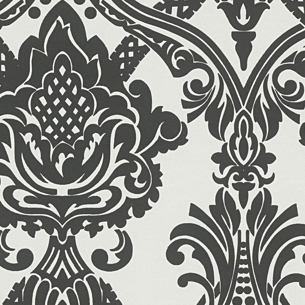             Metallic Tapete Barock Ornamentmuster in Schwarz-Weiß
        