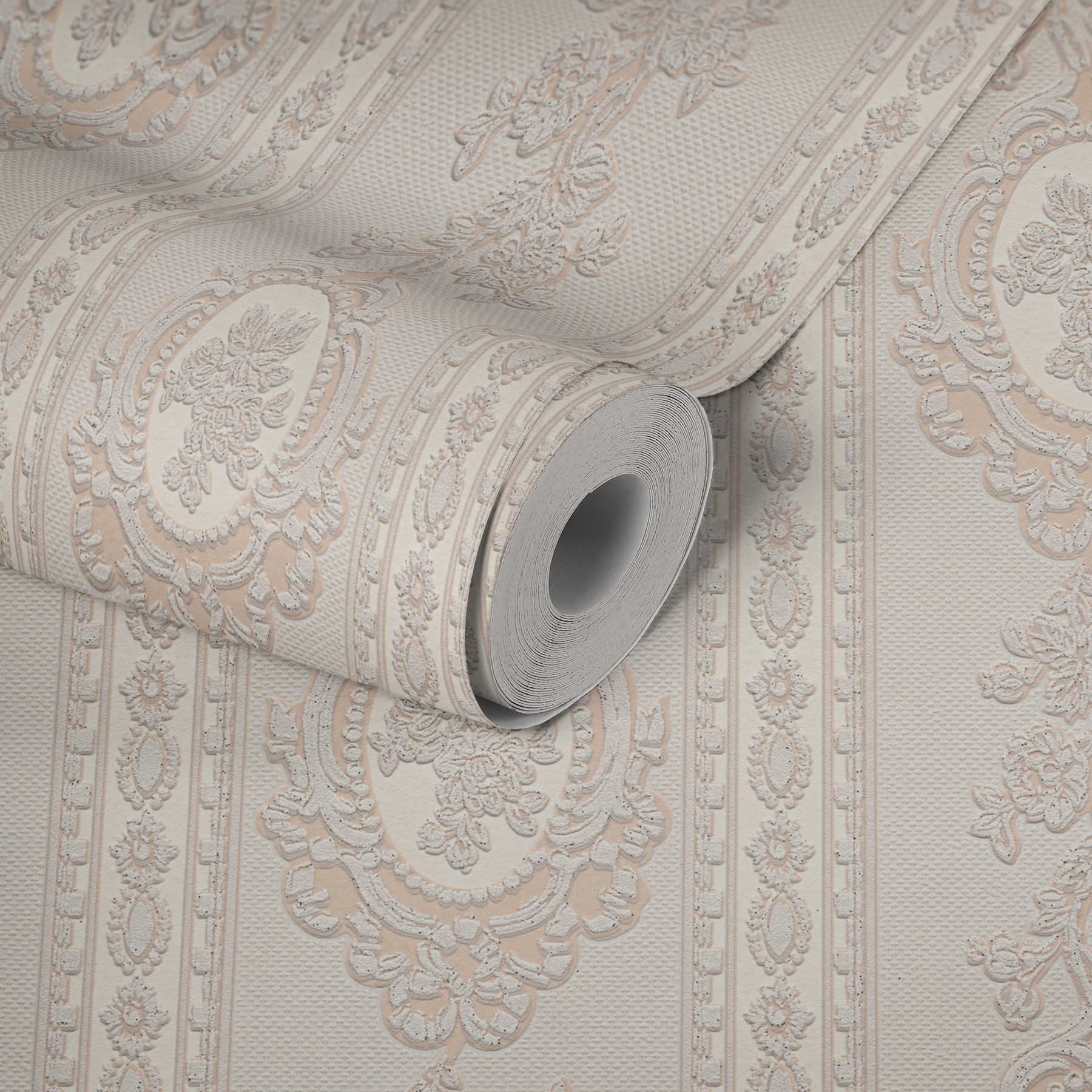             Ornamenttapete florale Elemente, Streifen und Blumen – Beige, Creme, Silber
        