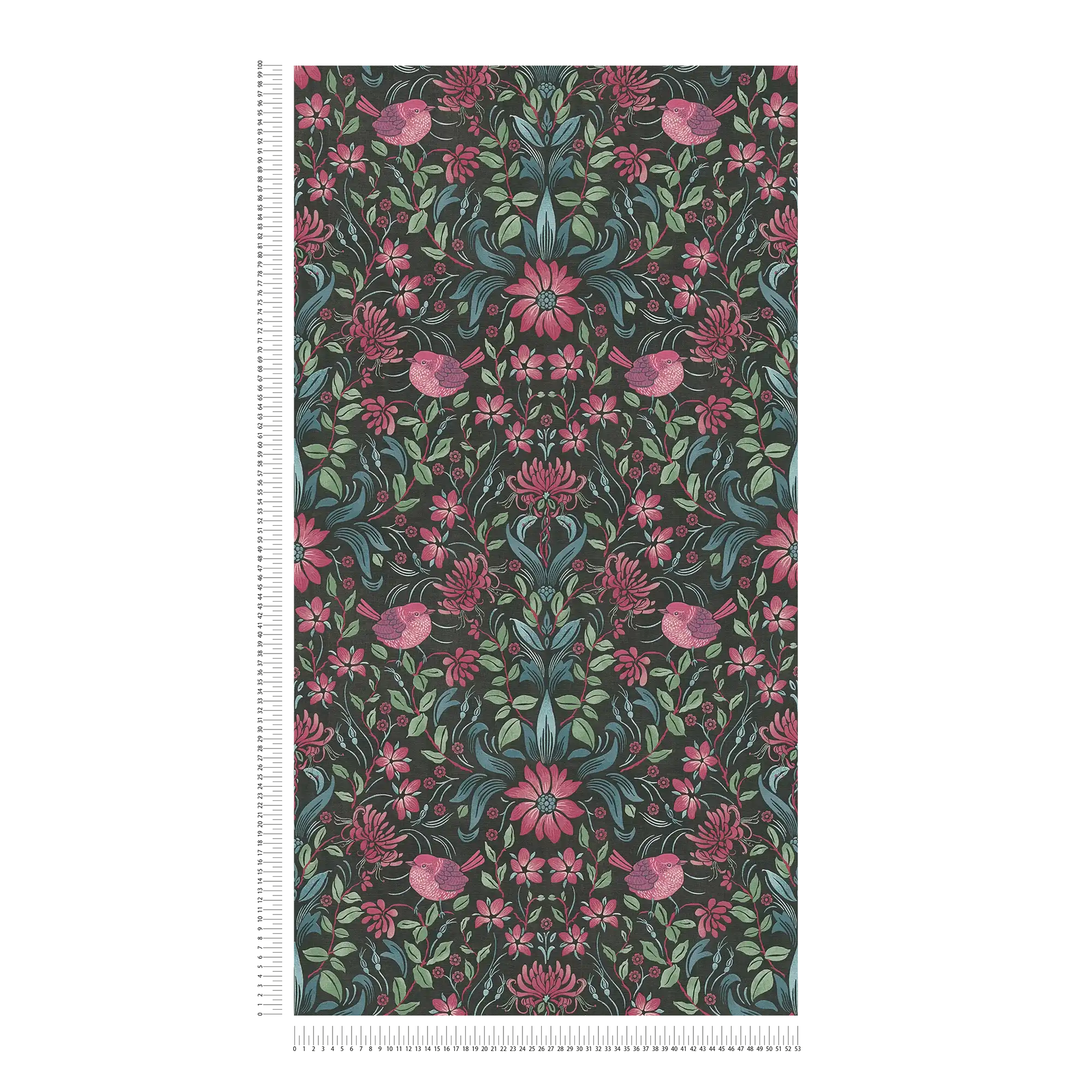             Verspielte Blumentapete mit Vögeln – Schwarz, Pink, Blau
        