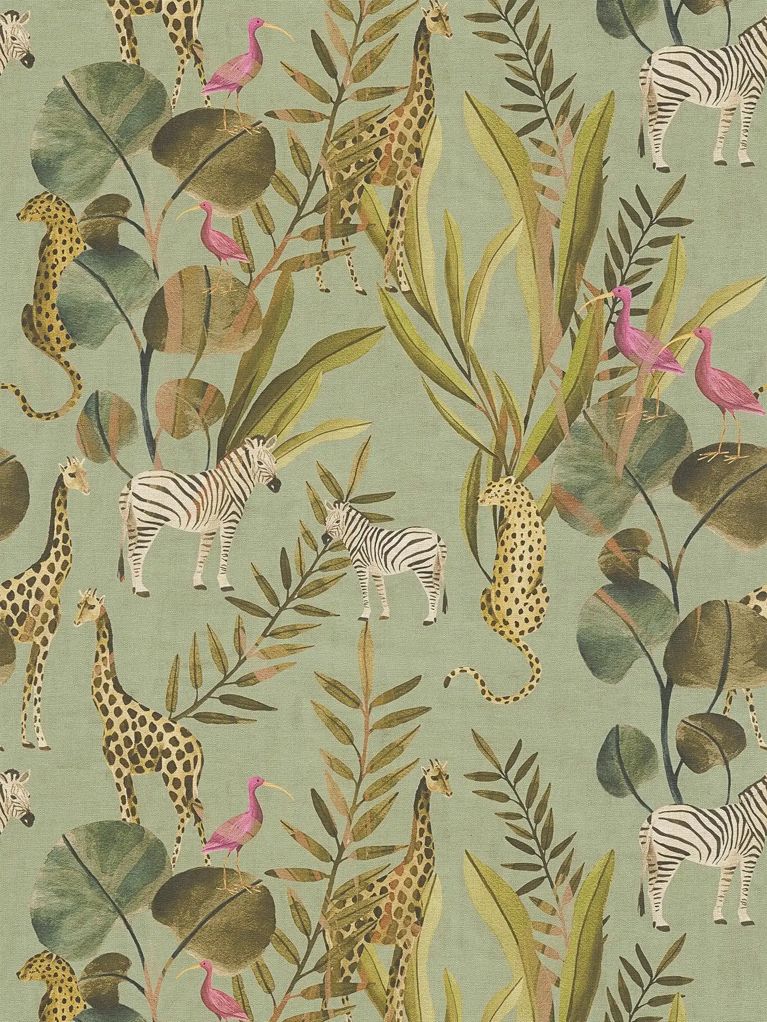             Lebendige Vliestapete mit Dschungelmotiv im exotischen Stil, ebenmäßige Struktur – Grün
        