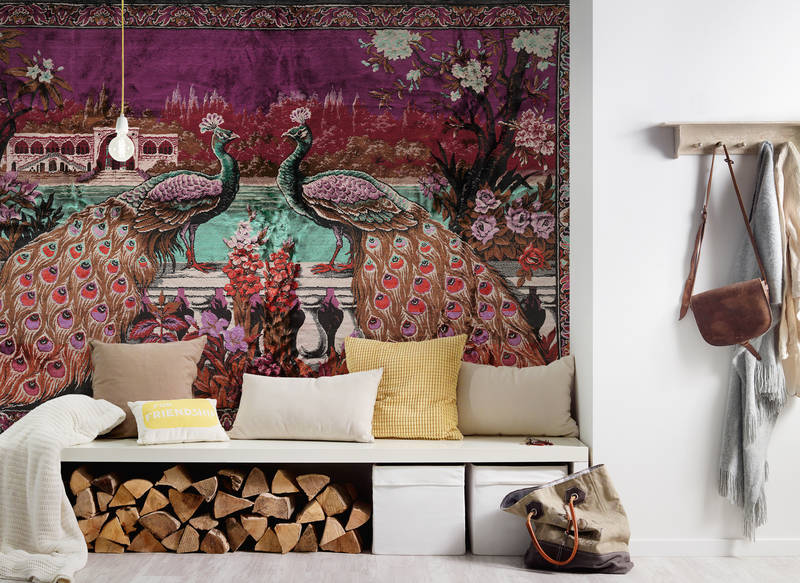             Fototapete Indien Dekor, exotischer Pfau – Violett, Blau, Rosa
        