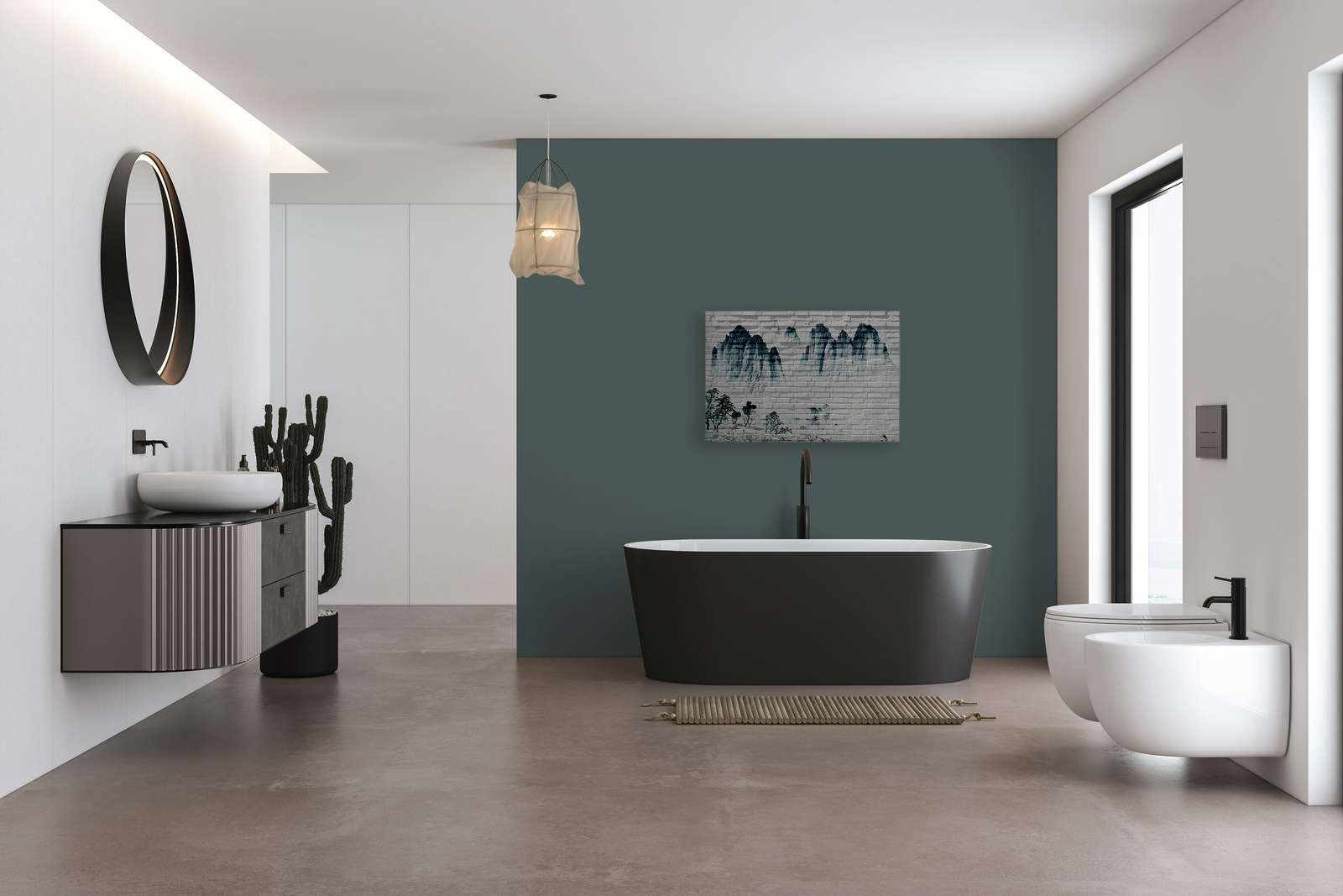             Leinwandbild Berge auf Backsteinmauer – 0,90 m x 0,60 m
        