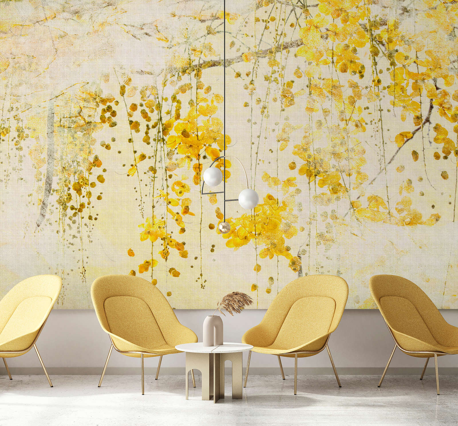             papier peint en papier panoramique »taiyo« - guirlande de fleurs avec structure en lin en arrière-plan - jaune | Intissé premium lisse et légèrement brillant
        