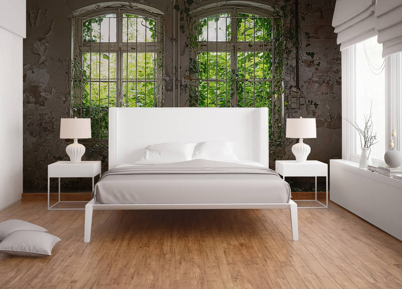 bett, zimmer, holzboden, weiße möbel, große fenster