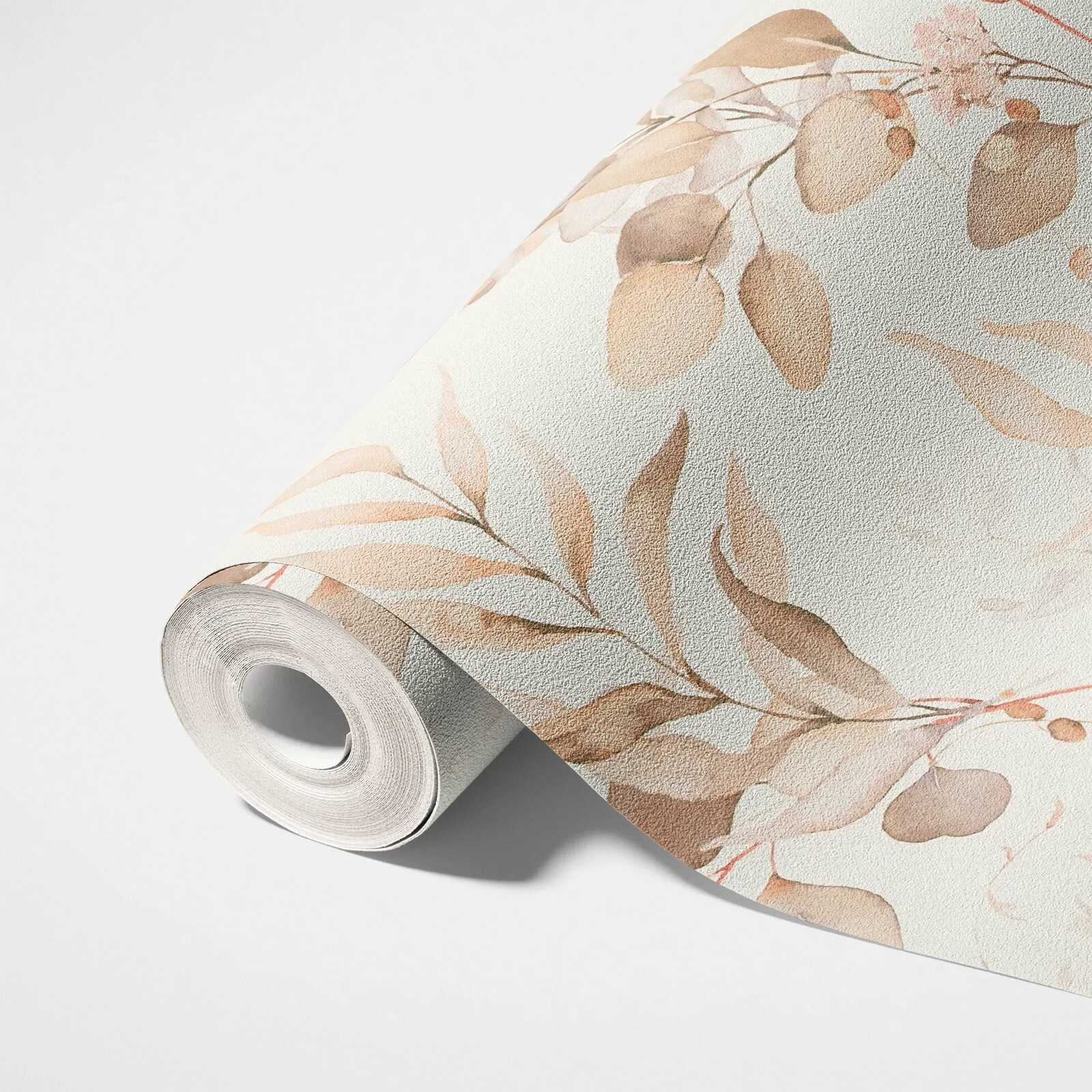             Vliestapete mit Aquarell Blatt-Motiv in warmen Farbtönen – Creme, Beige
        