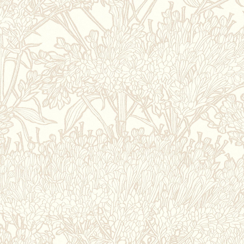             Tapete Blumenmuster mit goldenen Konturen – Creme, Gold, Grau
        