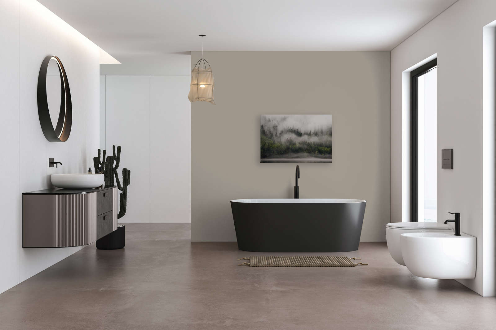             Leinwandbild vernebelter Wald am See – 0,90 m x 0,60 m
        