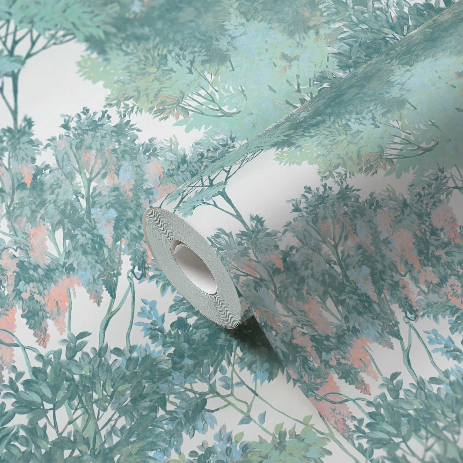             Vliestapete im Dschungelstyle mit Bäumen – Bunt, Grün, Weiß
        