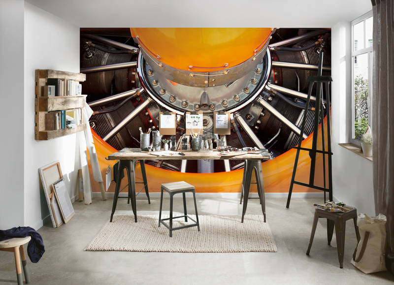             Industrielle Fototapete – Vliestapete mit Sternmotor und Rotorstruktur 3D – Orange, Grau
        