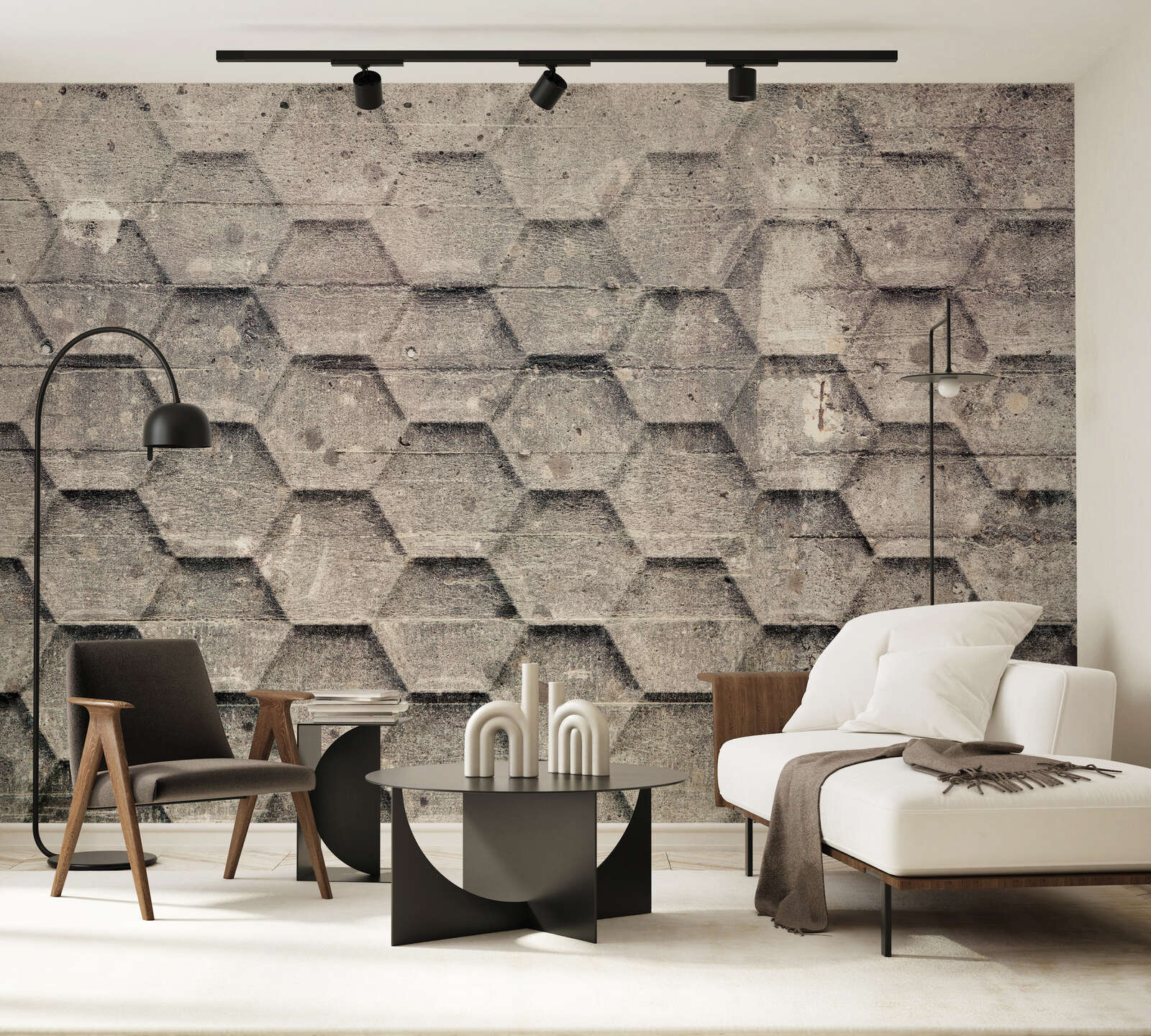 Wohnzimmer, Wandtattoo, Ziegelmuster, Lounge-Sessel, Couchtisch