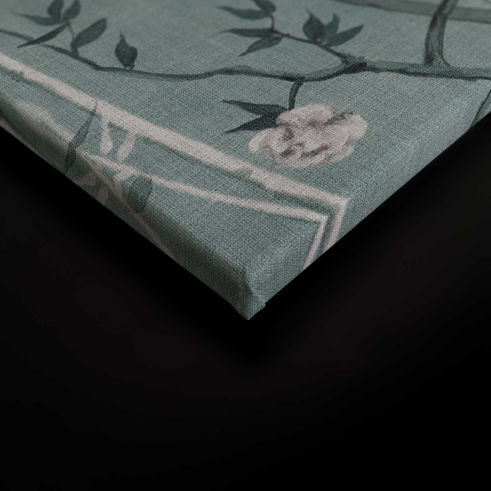             Tea Room 1 - Leinwandbild Vögel & Blüten Design in Petrol & Weiß – 0,90 m x 0,60 m
        