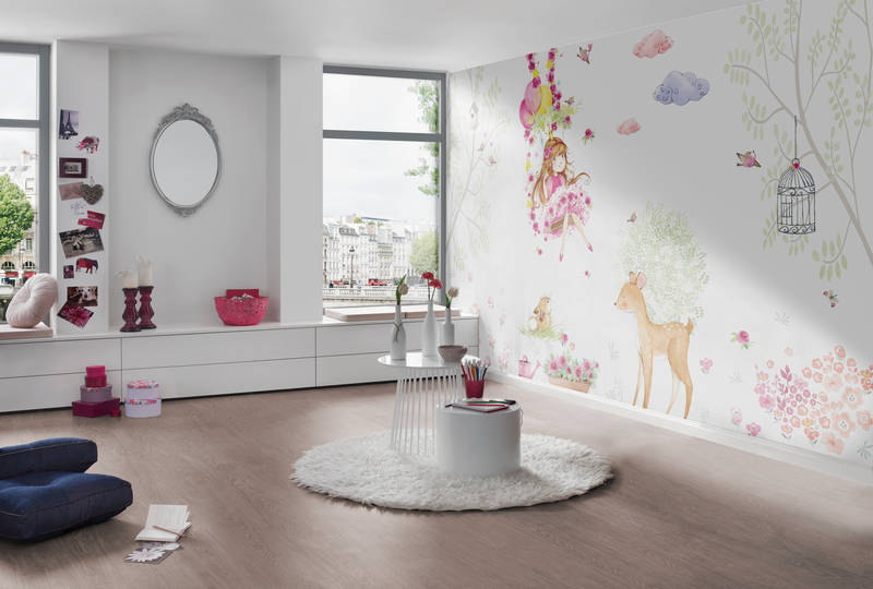             Kinder Fototapete Prinzessin auf Blumenschaukel auf Premium Glattvlies
        