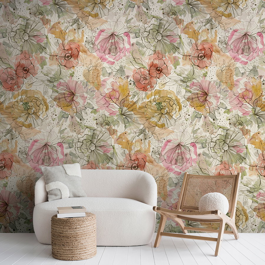 Floral wallpaper, Blumenmuster, Pastellfarben, Wohnzimmerwand, Dekorwand