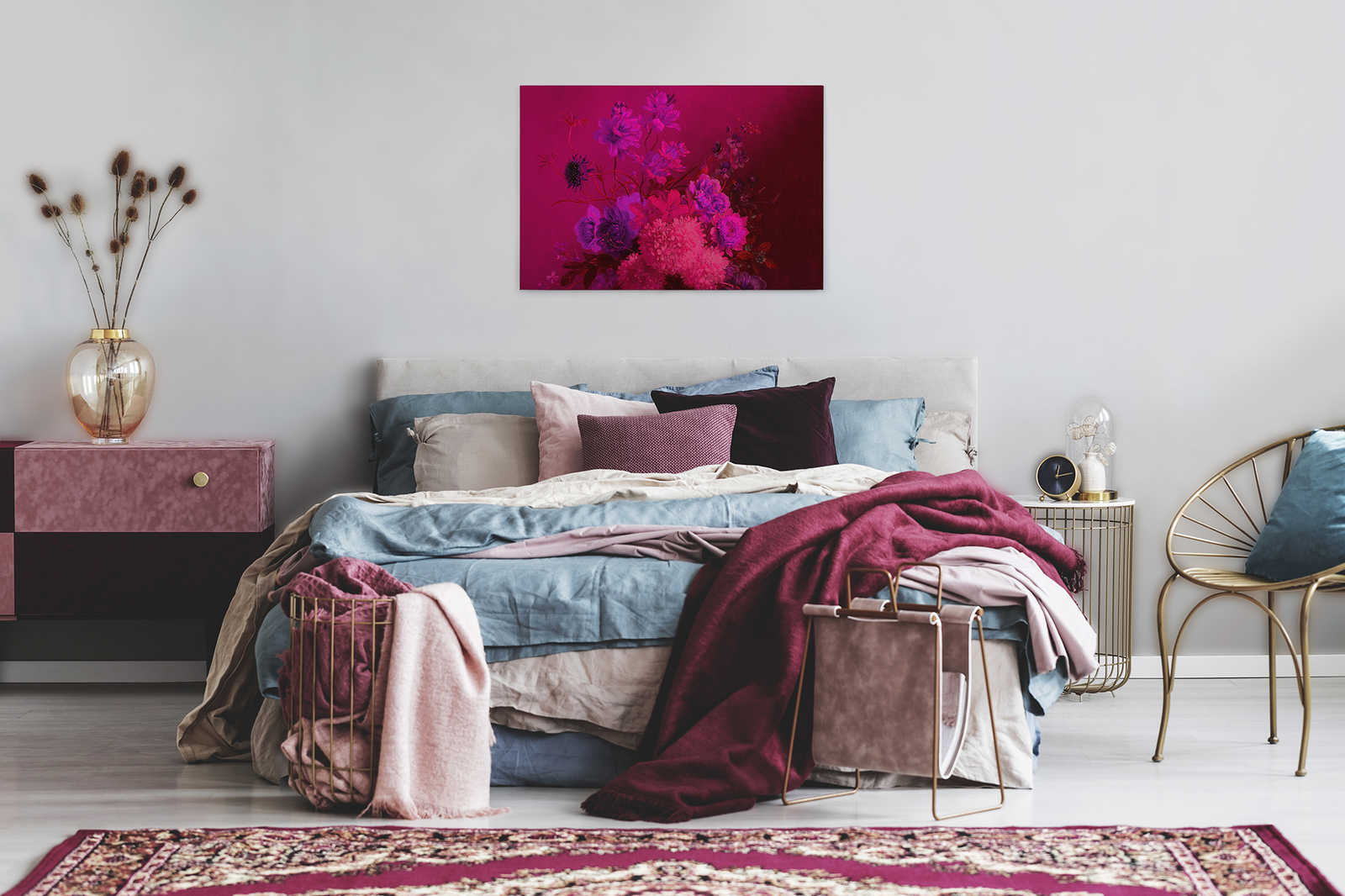             Neon Leinwandbild mit Blumen Stillleben | Bouquet Vibran 2 – 0,90 m x 0,60 m
        