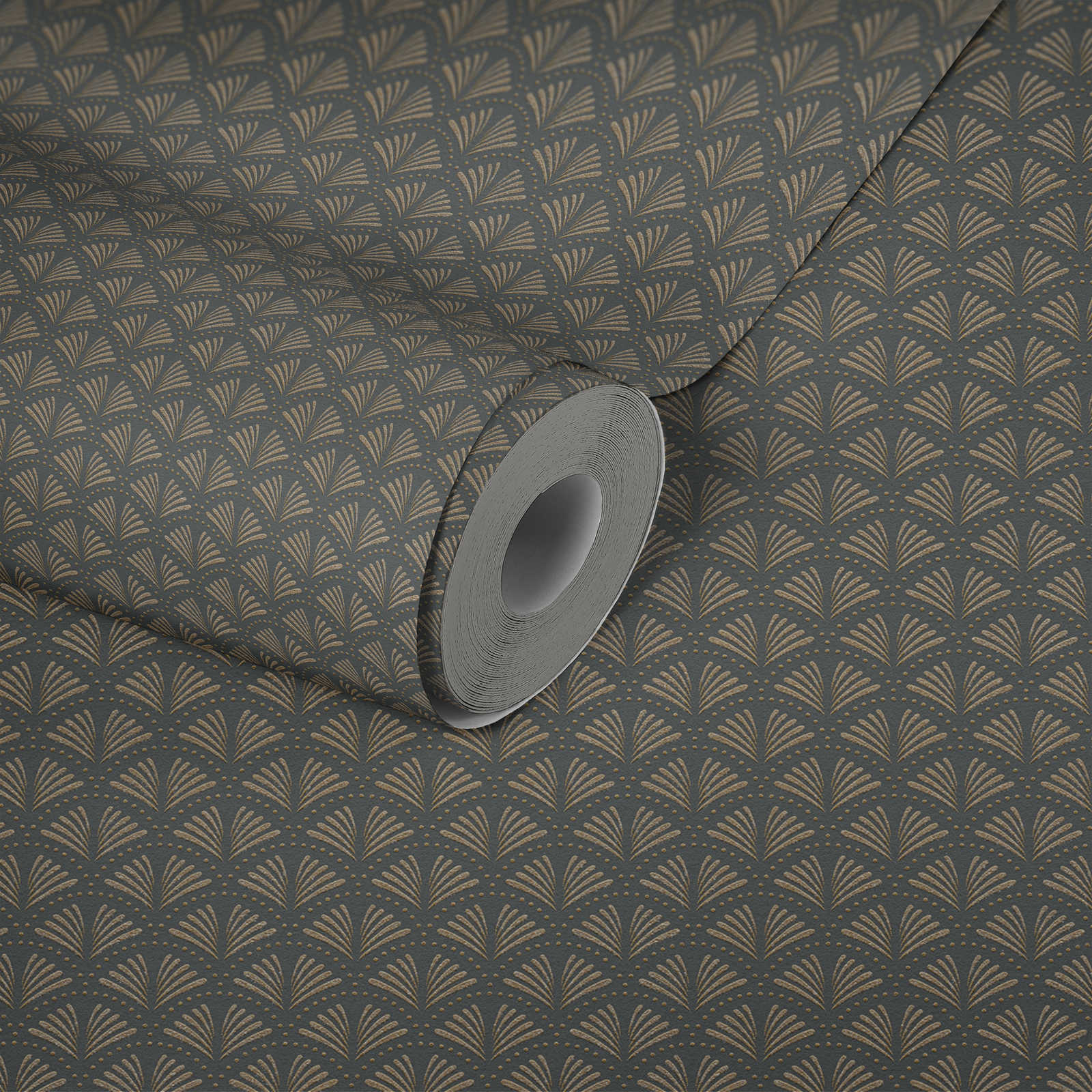             Dunkle Tapete mit Gold Dekor im eleganten Retro Stil – Metallic, Schwarz
        