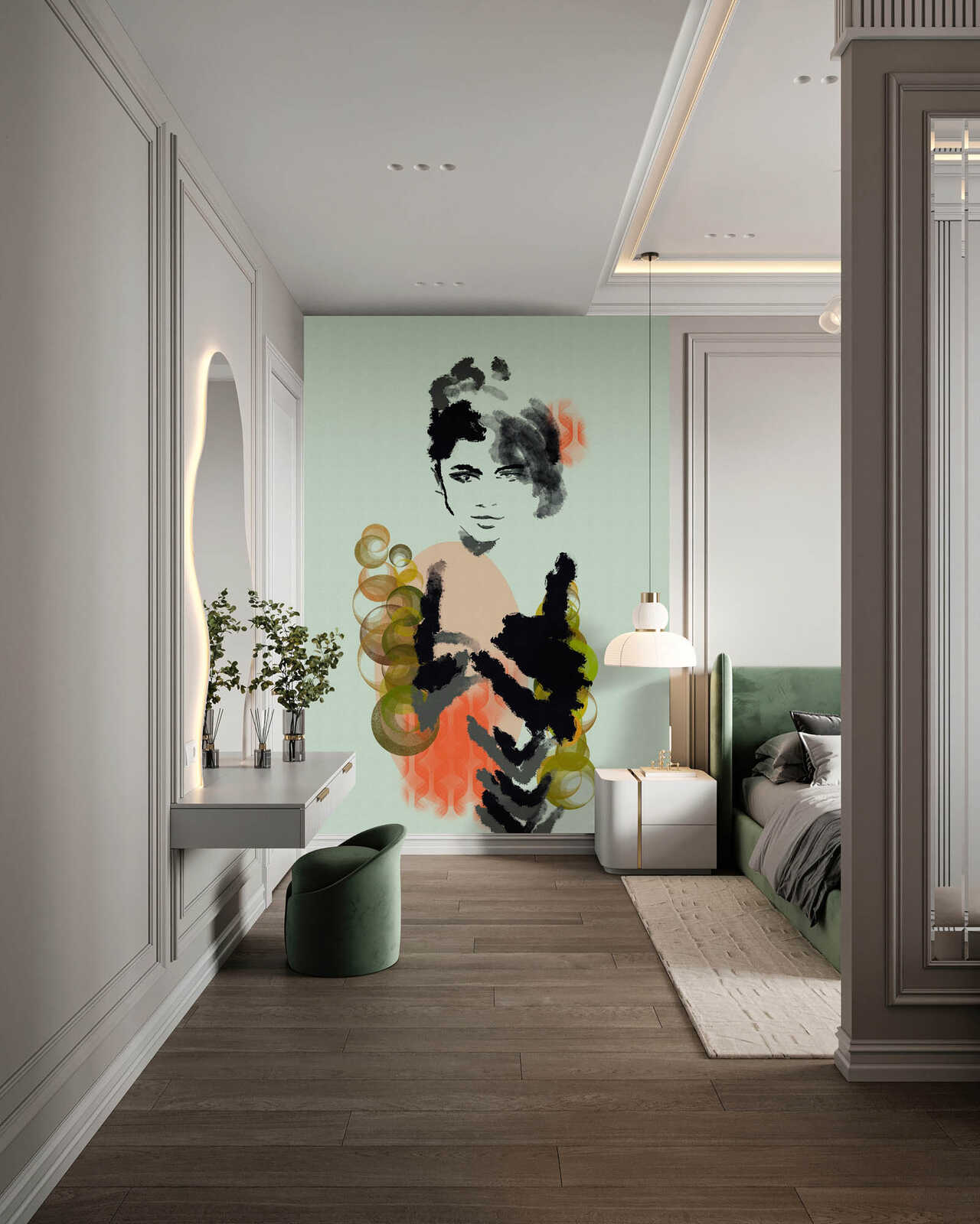 abstractes Wandbild, Kunst-Wandpaneel, Sofa-Bett, grüne Akzente, Holzboden