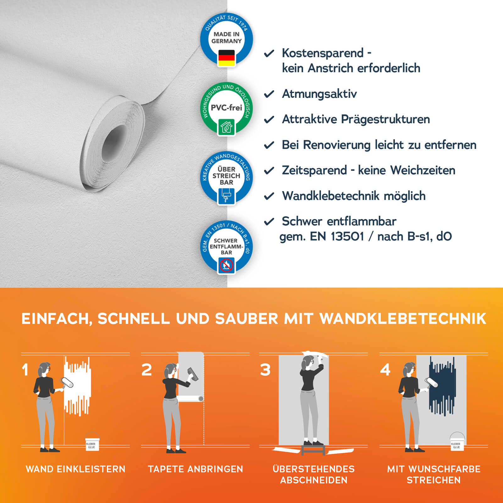 wandklebetechnik, wandtapete, rollenklebeband, renovierung, farbenorange