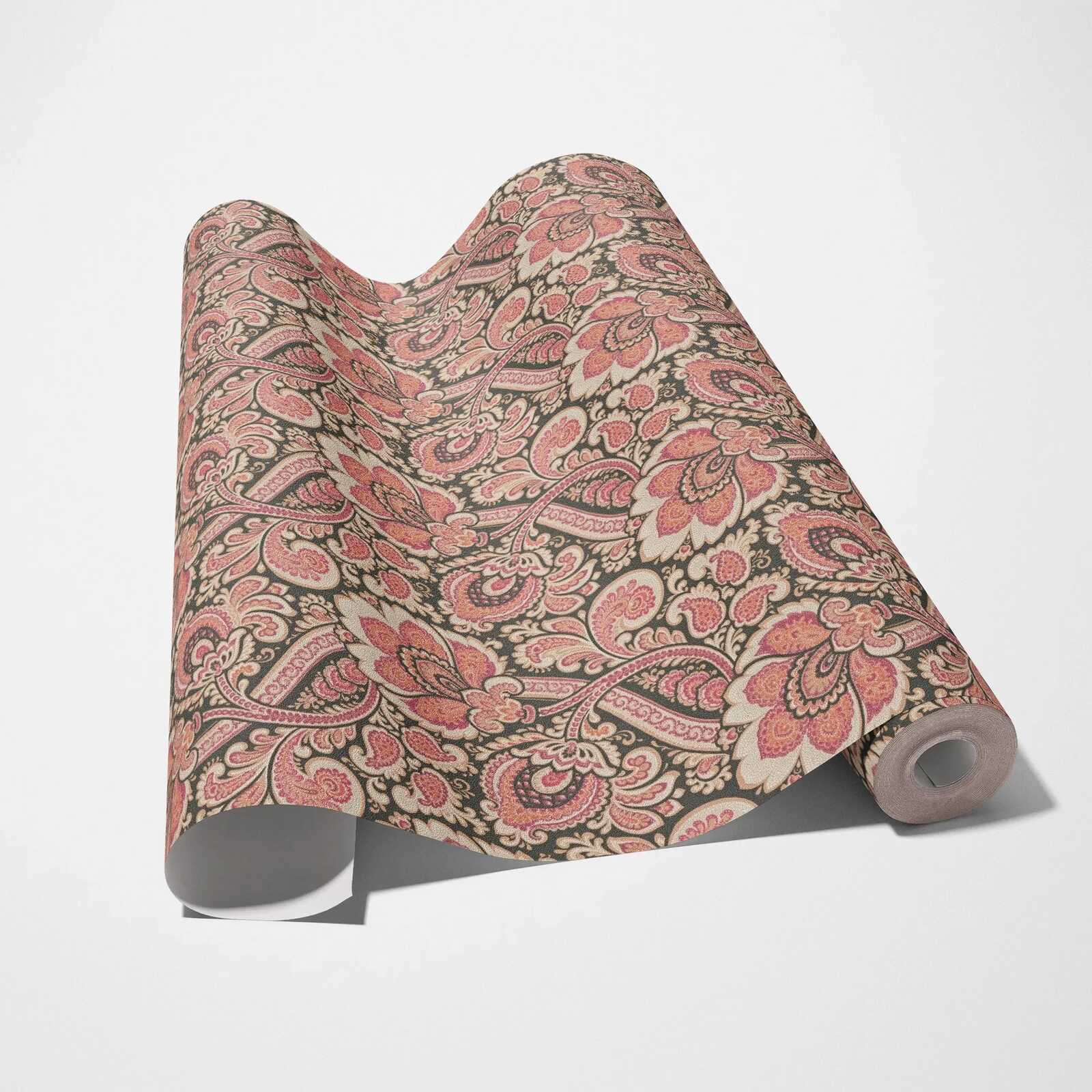             Ornament-Tapete textiles Retro Design – Rot, Orange, Schwarz
        