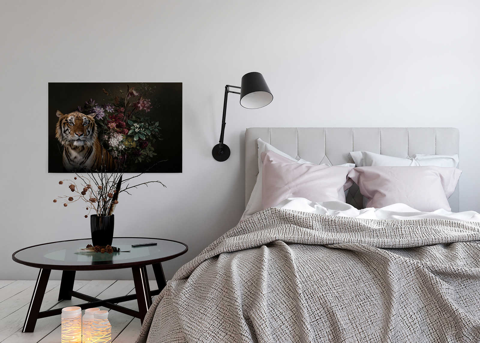 Leinwandbild Tiger Portrait mit Blumen – 0,90 m x 0,60 m