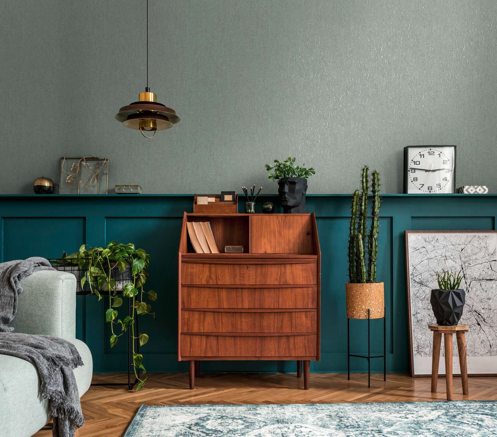             Tapete in Putzoptik leicht glänzend – Grün, Silber, Metallic
        