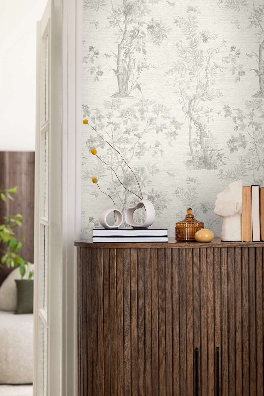 Wandverkleidung, Pflanzenmuster, Vitrine, Deko-Objekt, Blumenarrangement