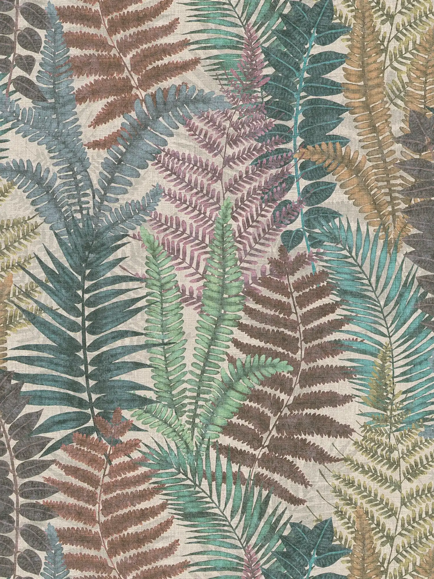 papier peint en papier floral avec feuilles de fougère légèrement structuré, mat - multicolore, beige, vert
