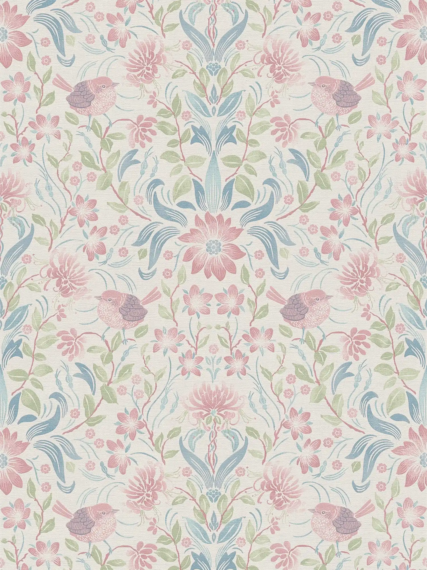         Floral pattern wallpaper with birds - cream, blue, pink
    