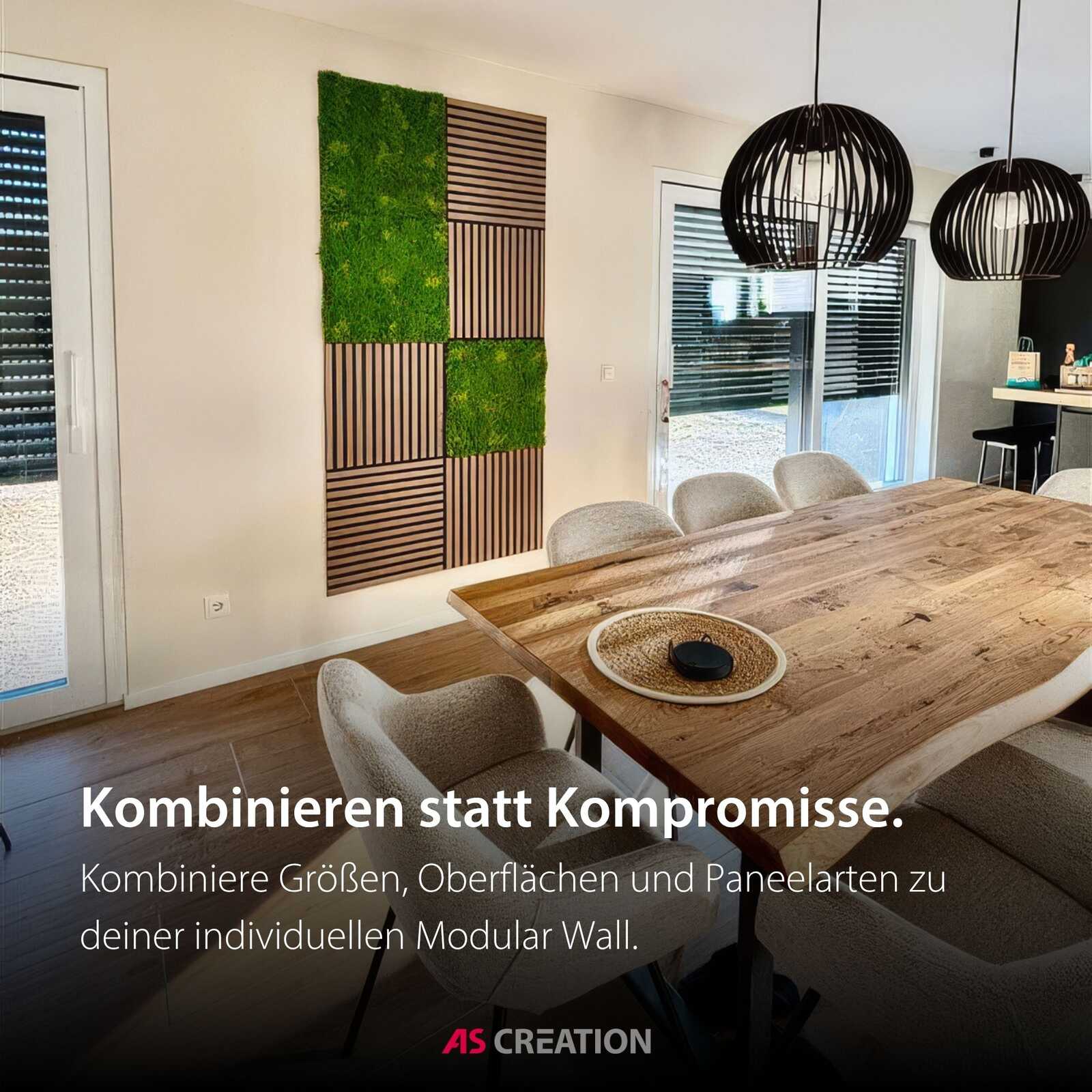 Wandverkleidung, grüne Moss, Holztisch, Esszimmer, pendelleuchten
