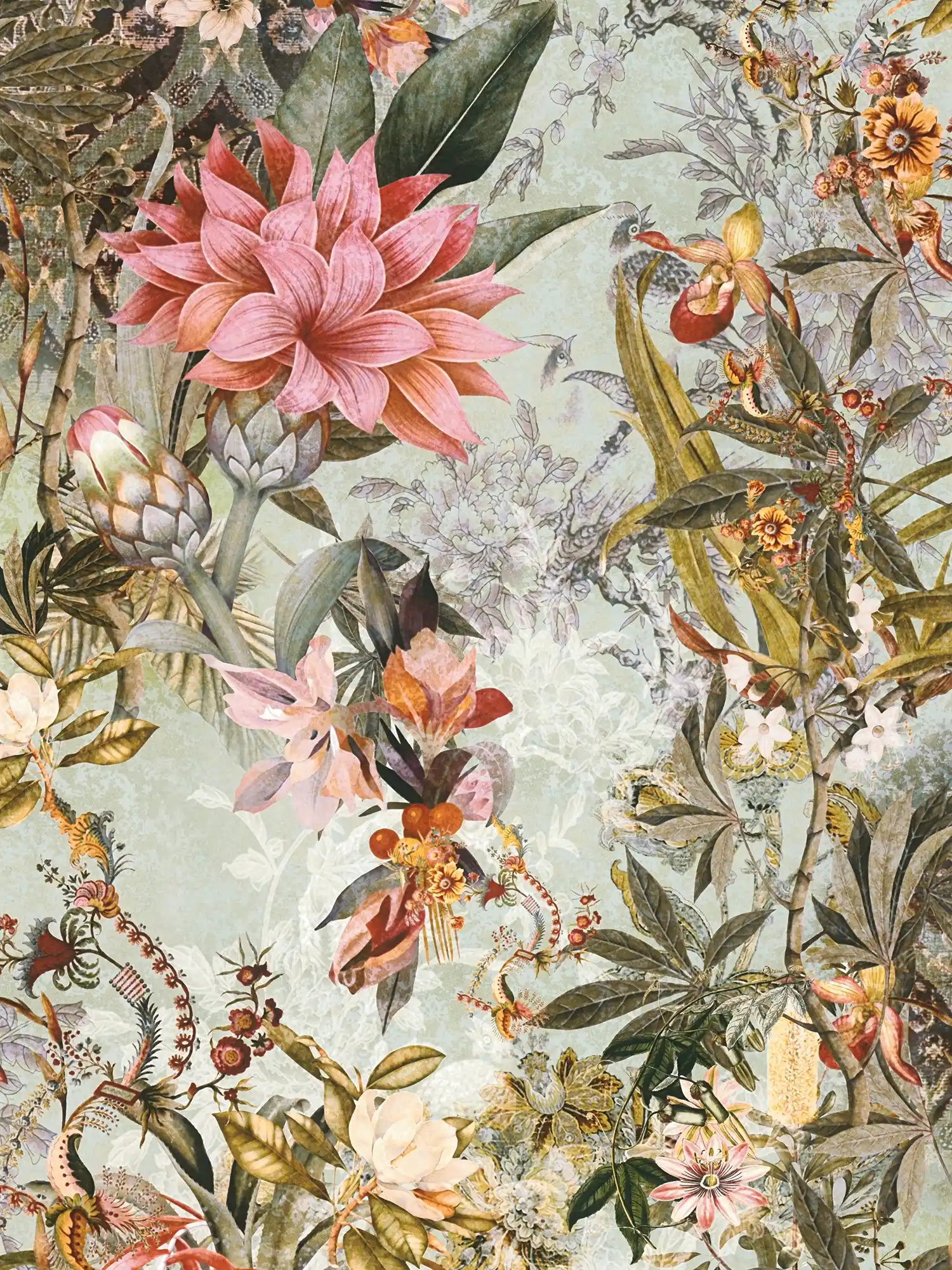         Non-woven wallpaper vintage jungle pattern - green, pink
    